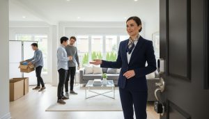 Realtor guiding buyers through a staged home while sellers protect privacy by packing personal items and using smart locks.