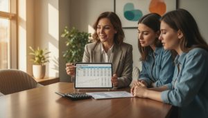 Real estate expert reviewing mortgage amortization schedule with client, showing charts and calculator.