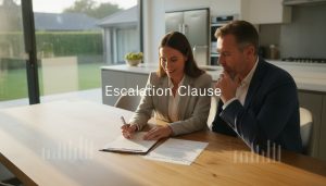 Realtor and client reviewing an escalation clause on a purchase offer in a modern kitchen