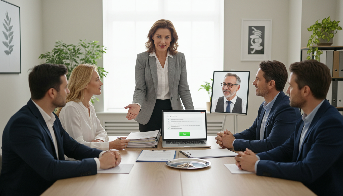 Realtor coordinating closing with documents, laptop e-signature, keys and lawyer on video call