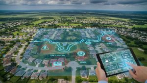 Aerial neighborhood with flood zone overlay and realtor reviewing risk on a tablet