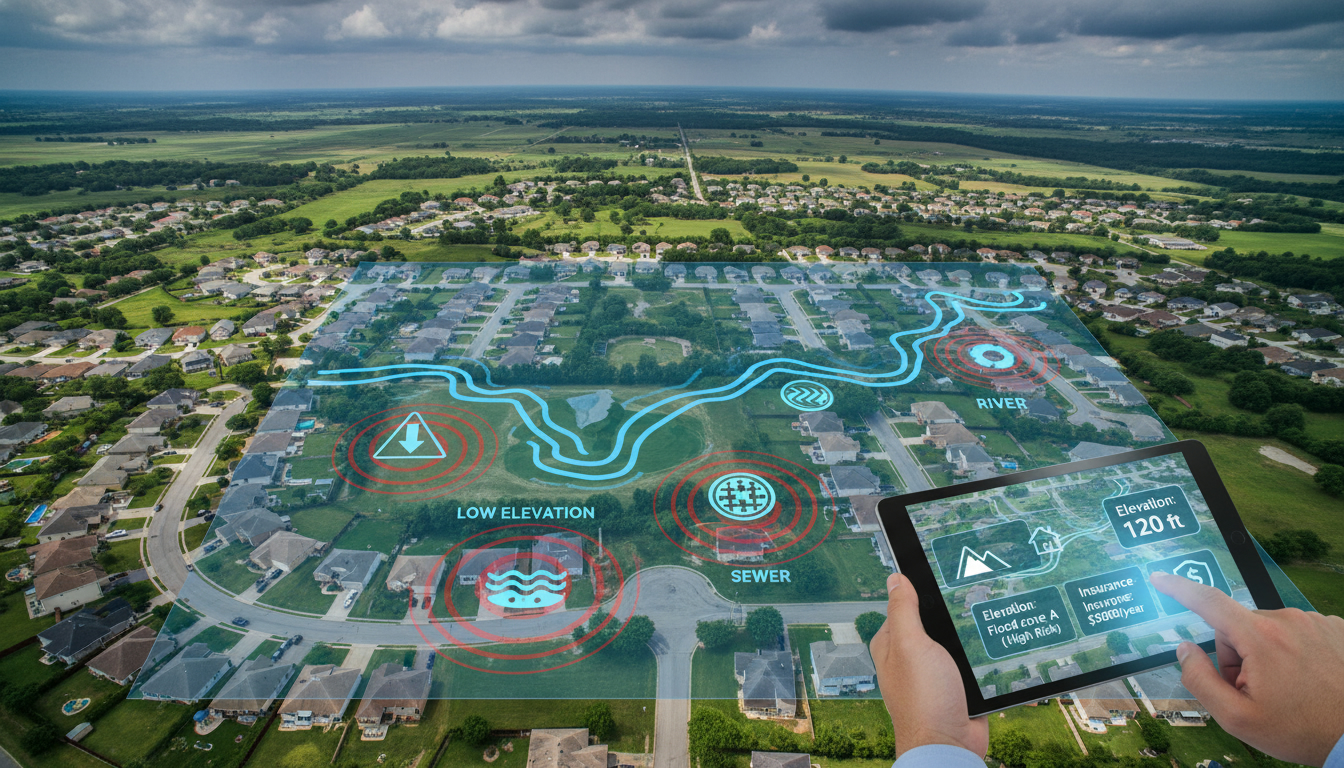 Aerial neighborhood with flood zone overlay and realtor reviewing risk on a tablet
