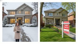 Split image of same house in winter and spring with realtor holding clipboard