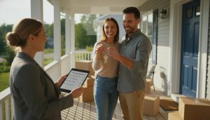 Couple receiving house keys from realtor outside Ontario home with moving boxes and checklist on tablet.