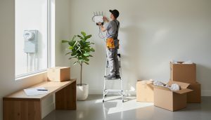 Technician installing internet router in a new home with moving boxes and moving checklist on a table