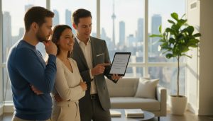 Young couple with realtor in a bright modern home reviewing a checklist; mixed emotions of anxiety and relief.