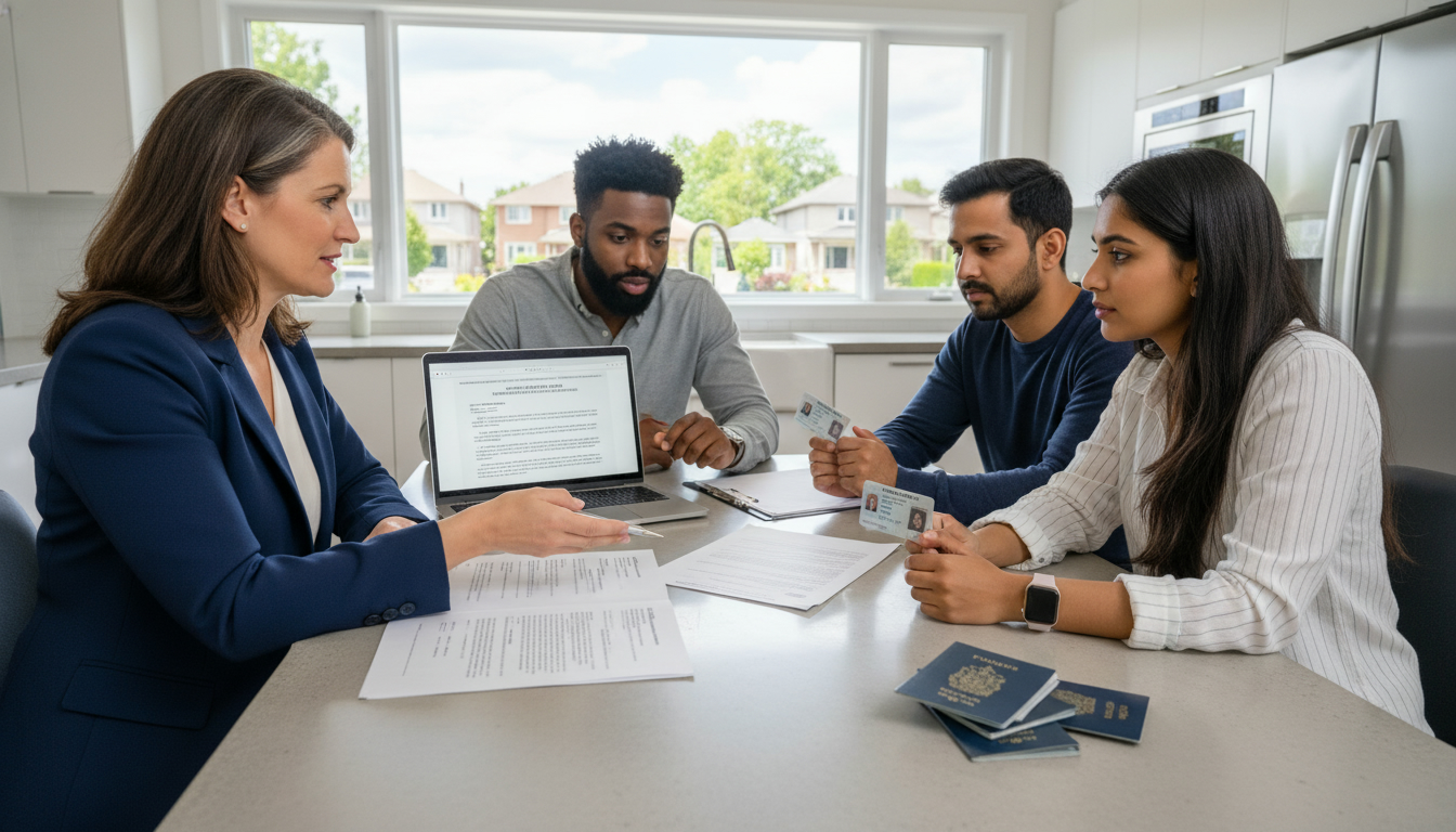 Realtor guiding multiple property owners through sale paperwork and signing contracts