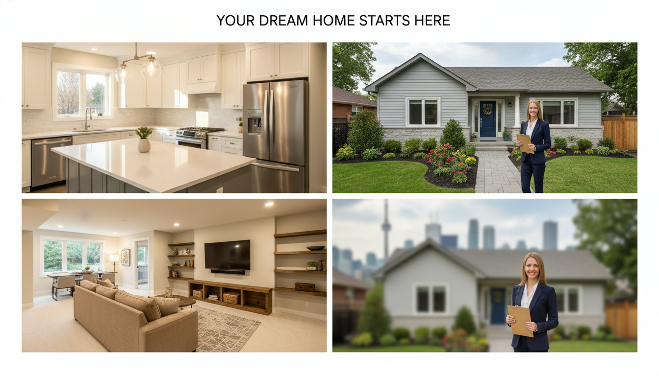 Montage of renovated kitchen, refreshed home exterior, finished basement, and realtor with clipboard