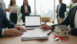 Buyers signing closing documents at a table with house model, keys and laptop showing closing statement.
