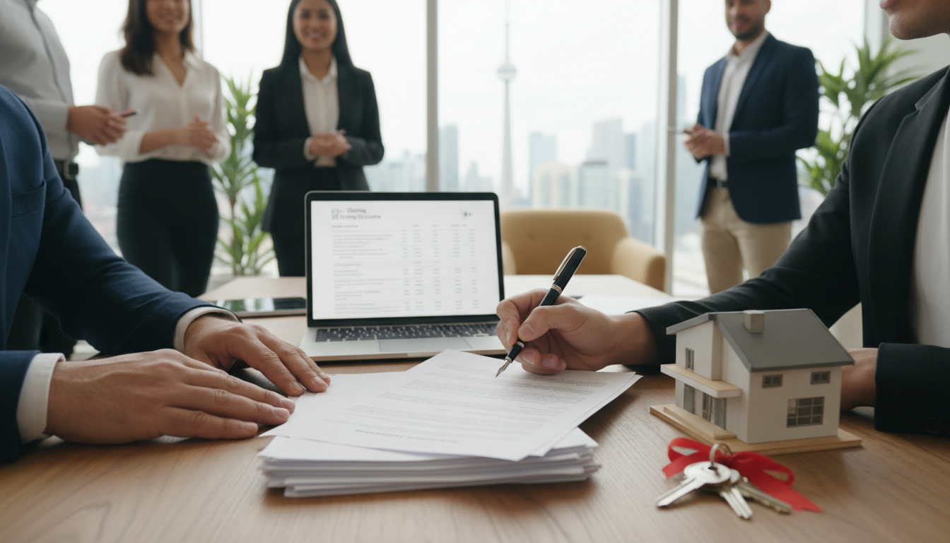 Buyers signing closing documents at a table with house model, keys and laptop showing closing statement.