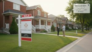 Milton residential street with sold sign and small chart showing sale-to-list ratio above 100%