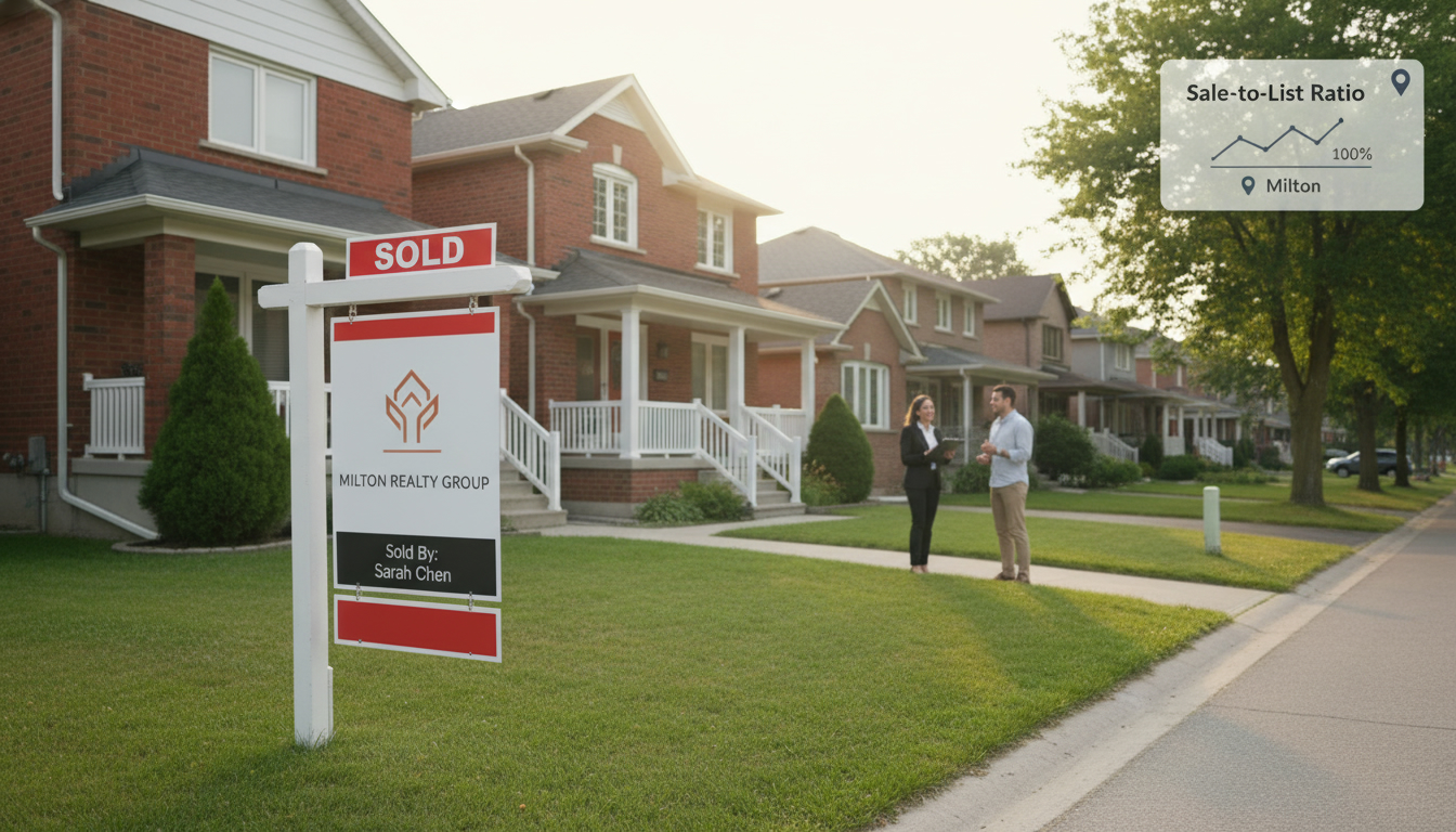 Milton residential street with sold sign and small chart showing sale-to-list ratio above 100%