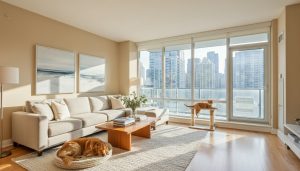 Bright modern condo living room staged for sale with a well-groomed dog and 'For Sale' sign visible outside
