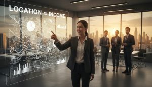 Realtor pointing at city map with rental income charts and urban skyline in background