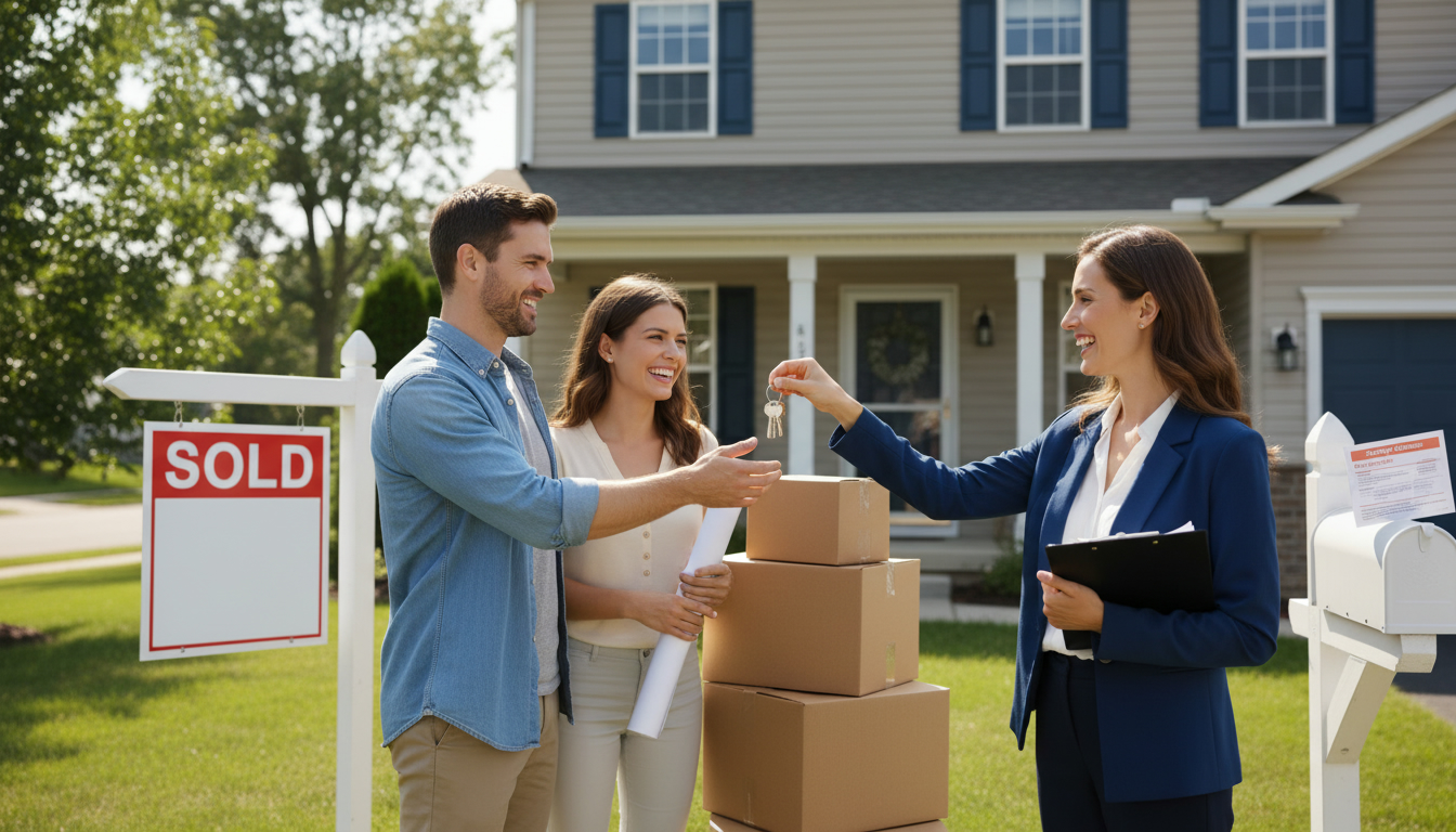Realtor handing keys to new homeowners with moving boxes and mailbox during closing