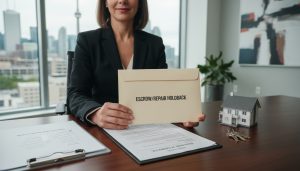 Real estate lawyer holding escrow envelope and repair checklist next to house keys and contract