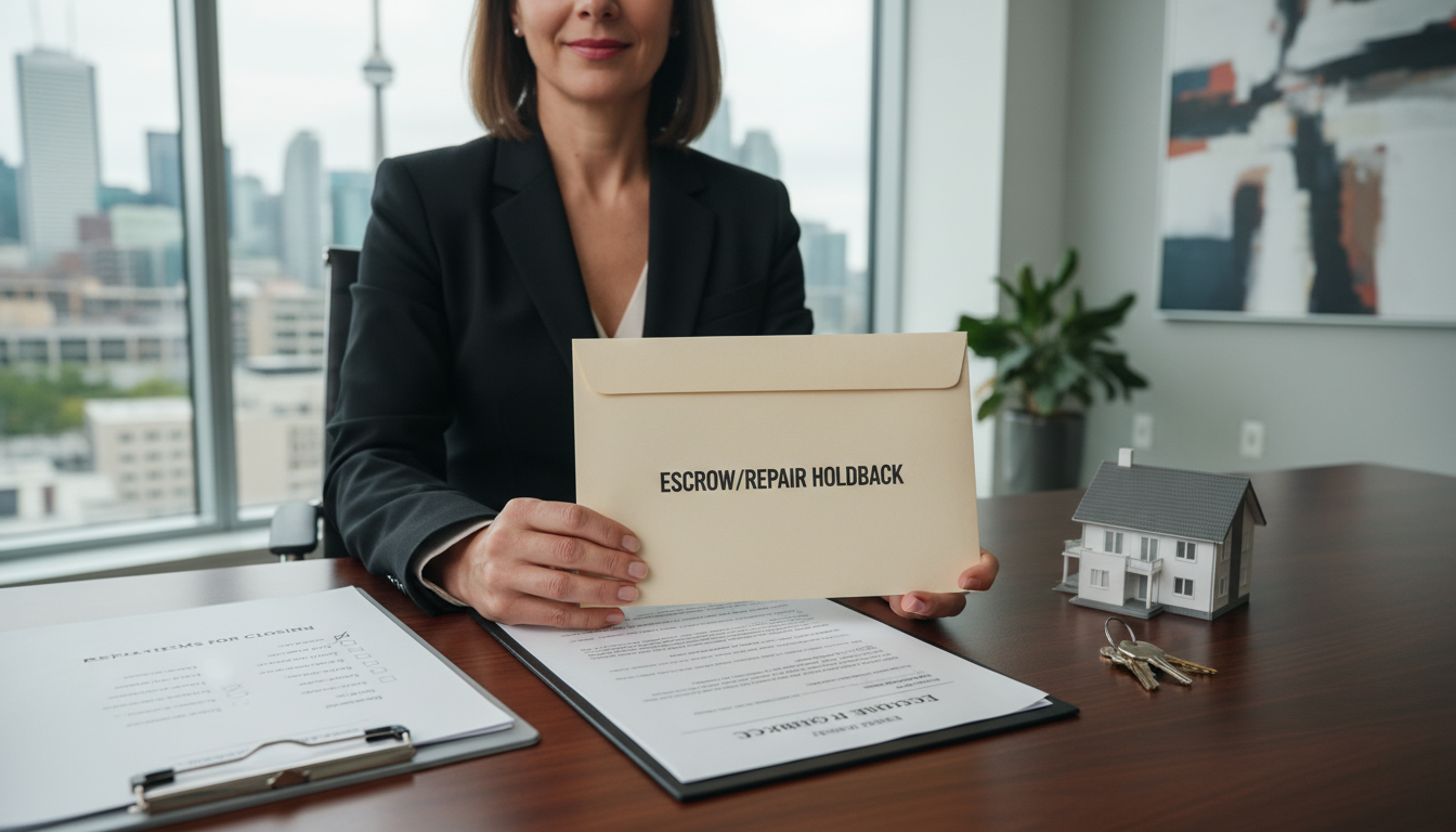 Real estate lawyer holding escrow envelope and repair checklist next to house keys and contract