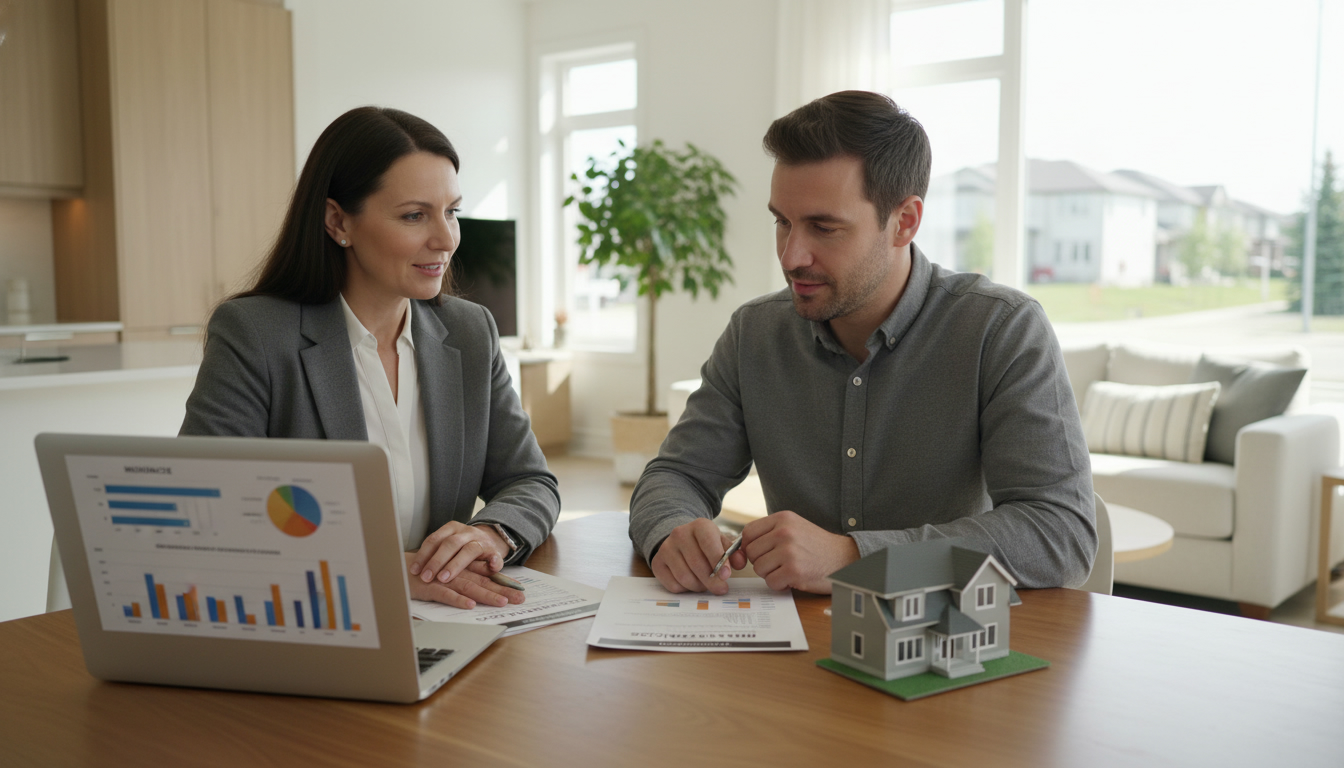 Realtor and homeowner reviewing home insurance documents showing replacement cost and liability limits