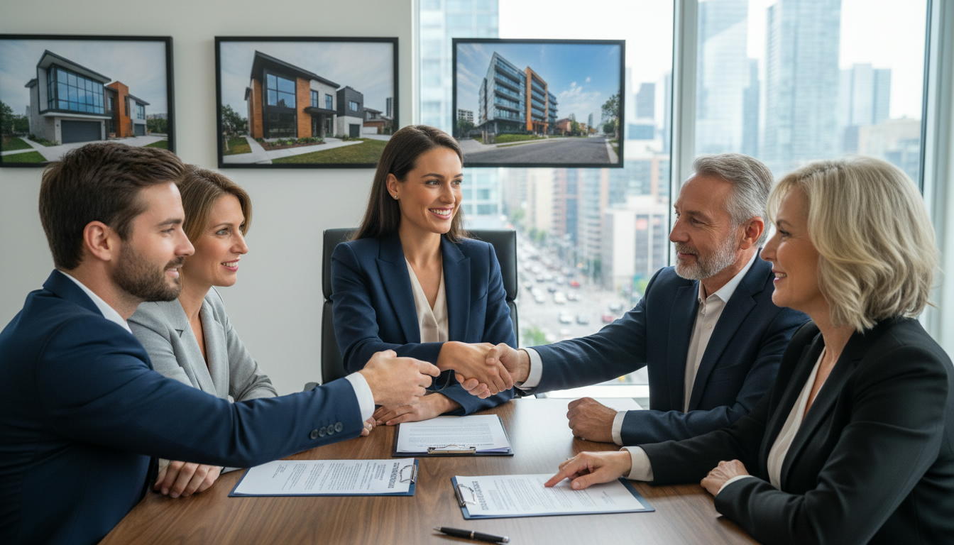 Real estate negotiation with agent, buyers signing a stronger offer