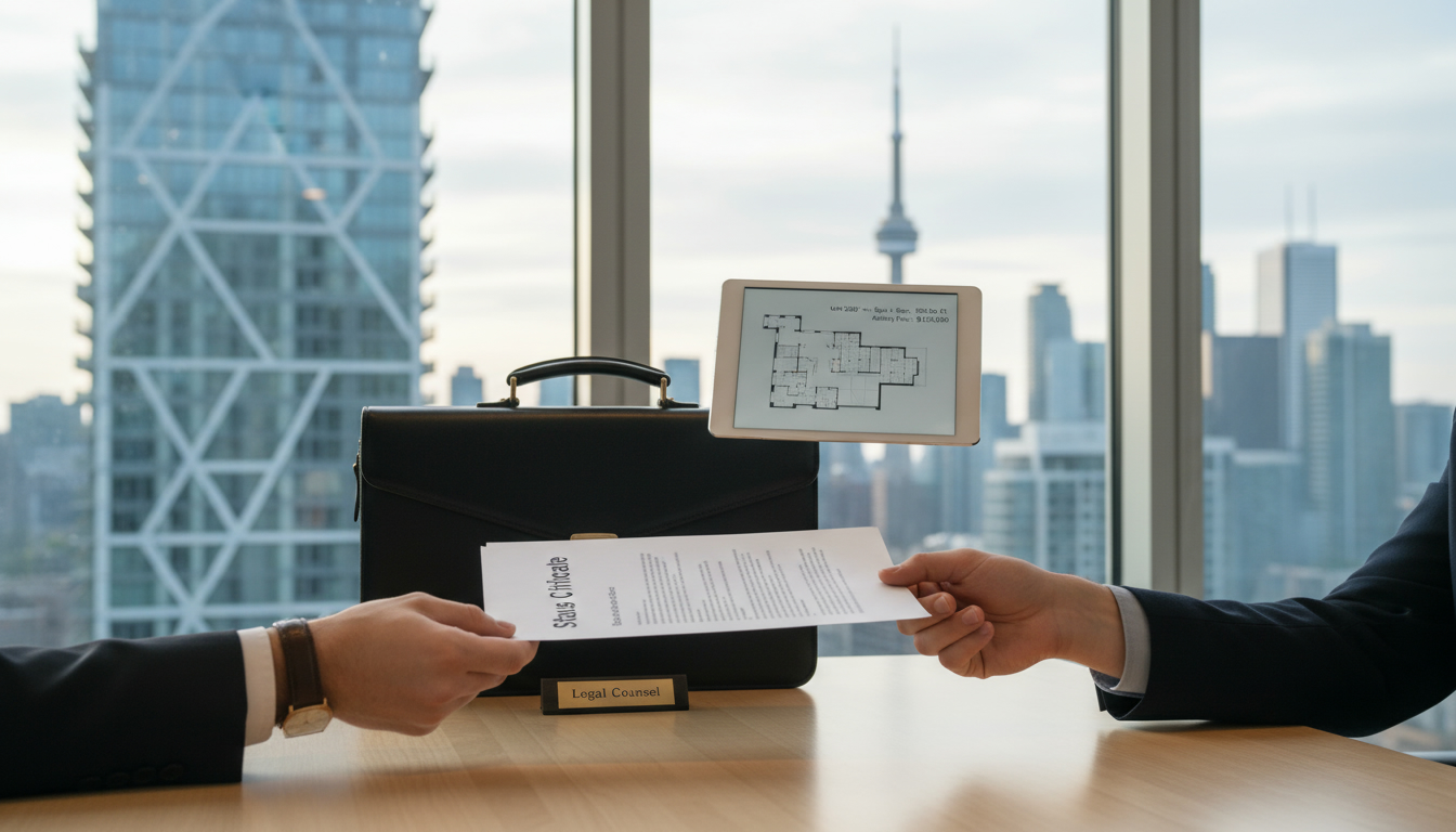 Realtor and buyer reviewing a condo Status Certificate in front of a modern condo building