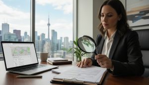 Real estate professional reviewing property title documents with magnifying glass and laptop showing land registry search.