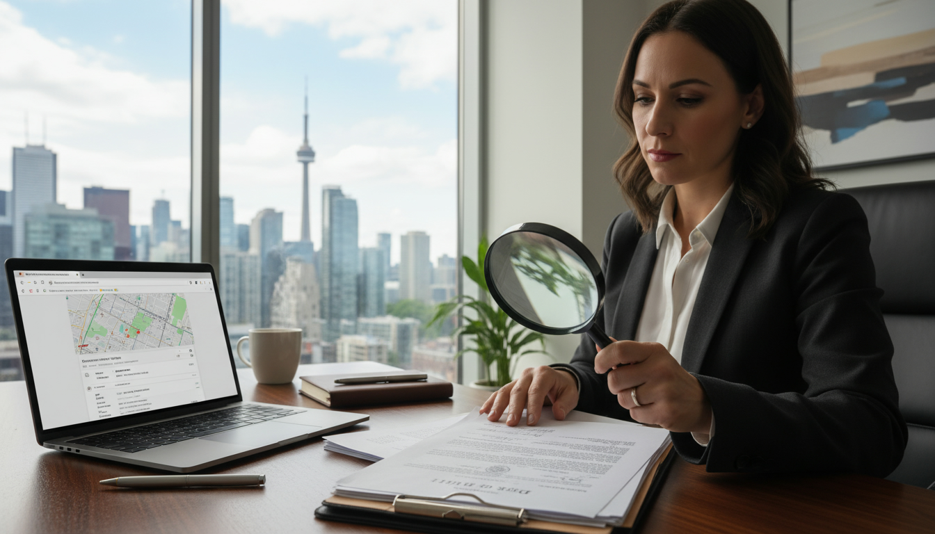 Real estate professional reviewing property title documents with magnifying glass and laptop showing land registry search.