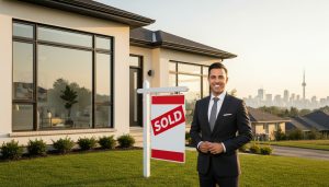 Realtor in front of modern house with SOLD sign showing successful fast sale for top dollar