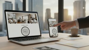 Modern condo listing displayed on laptop and smartphone with professional photos and virtual tour preview