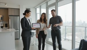 Realtor and inspector reviewing condo inspection report with buyers in a modern condo with Toronto skyline visible