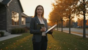 Confident real estate agent in front of a home holding paperwork and phone, calm and focused expression