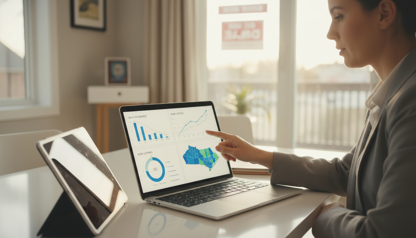 Realtor analyzing 'Days on Market' charts with an Ontario map on a laptop screen