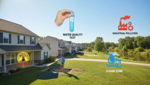 Suburban neighborhood with icons for radon, flood risk, factory proximity, water testing, and inspector