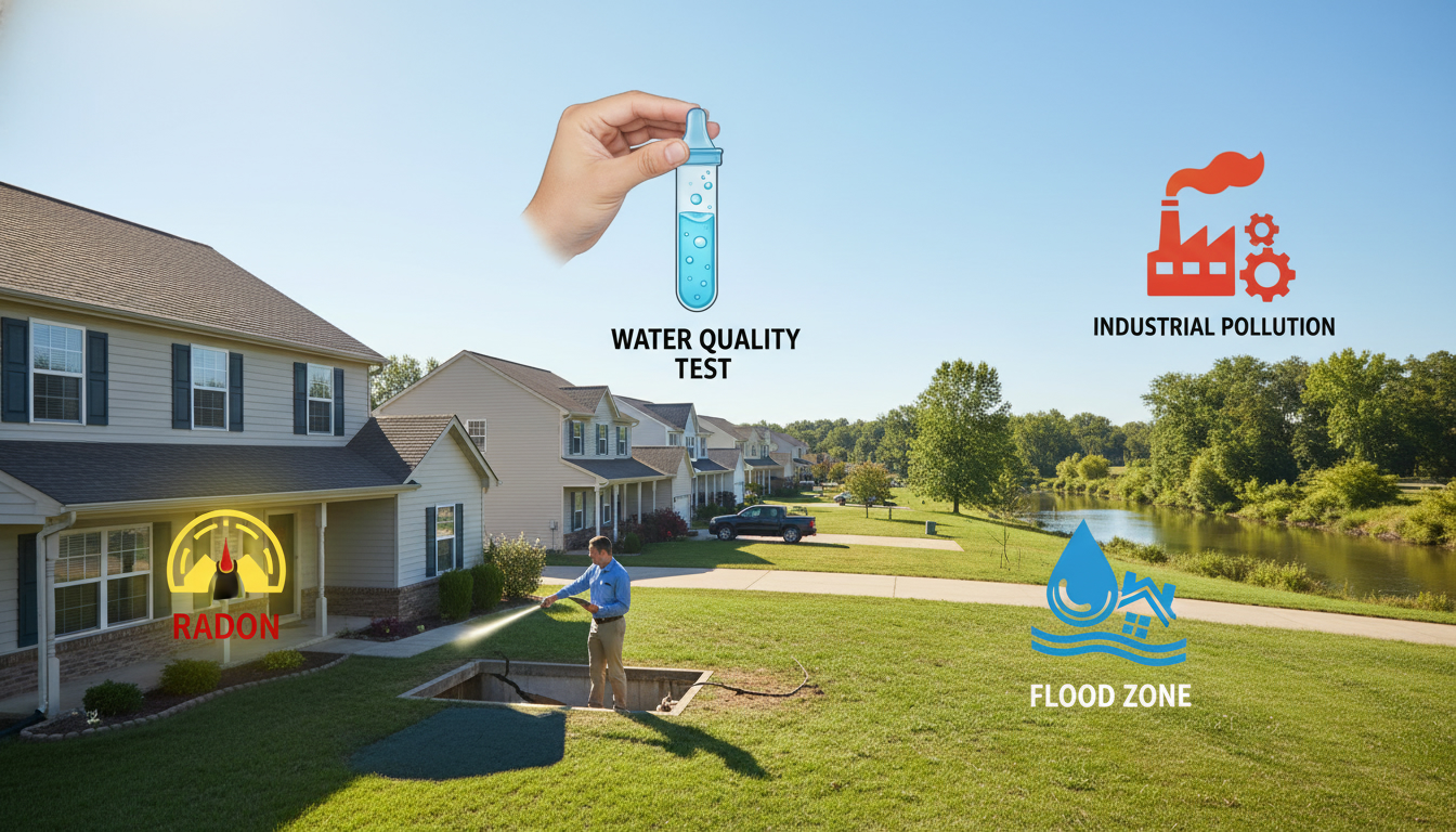 Suburban neighborhood with icons for radon, flood risk, factory proximity, water testing, and inspector