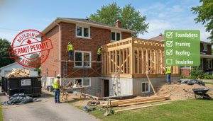 Ontario home renovation with permit stamp and checklist overlay