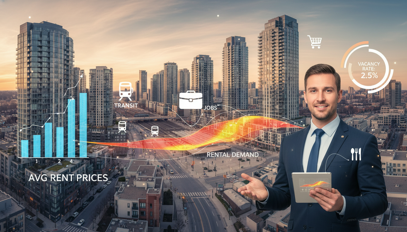 Realtor analyzing neighborhood rental demand with charts, heatmap, and transit overlays