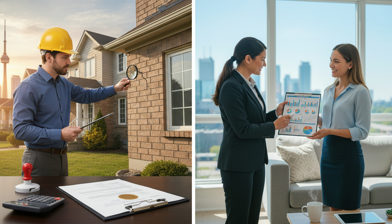 Split-screen: appraiser inspecting house and realtor presenting comparative market analysis to homeowner
