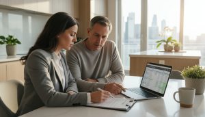 Realtor and homeowner reviewing a backup offer document at a kitchen table with Toronto skyline visible.