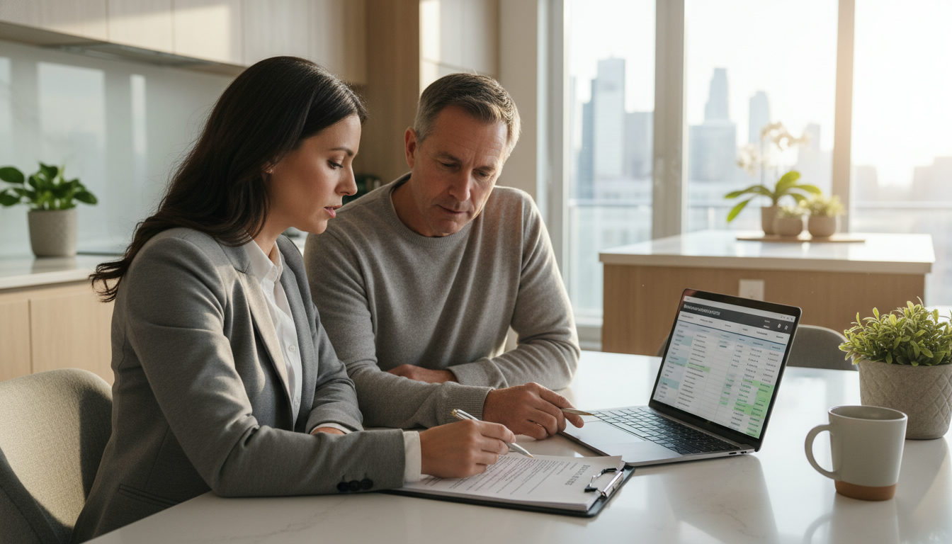 Realtor and homeowner reviewing a backup offer document at a kitchen table with Toronto skyline visible.