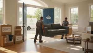 Movers carrying a couch out of a home with boxes labeled 'donate' and a charity truck outside
