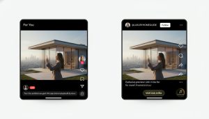 Real estate agent filming a modern home on smartphone with split-screen showing TikTok and Instagram Reels interfaces.