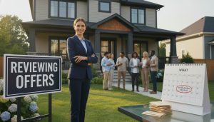 Real estate agent in front of house with "Reviewing Offers" sign and multiple potential buyers