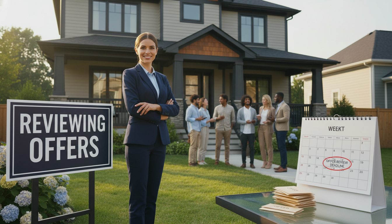 Real estate agent in front of house with "Reviewing Offers" sign and multiple potential buyers