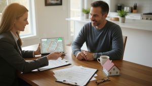 Realtor reviewing restrictive covenant deed and land title with homeowner