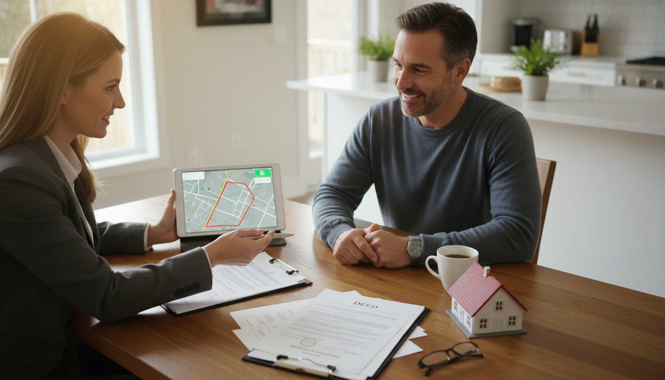 Realtor reviewing restrictive covenant deed and land title with homeowner