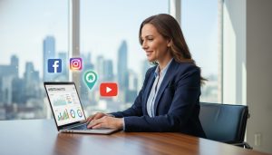 Local realtor checking online analytics with social media icons and a map pin, Toronto skyline in background