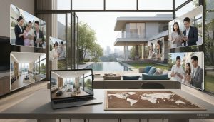 Real estate agent marketing a home to international buyers via virtual tour, world map and online listings