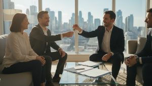 Real estate closing: agent handing keys to buyer with seller shaking hands in a modern living room.