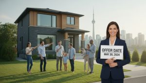 Realtor holding 'OFFER DATE' sign in front of a house with multiple buyers waiting to submit offers