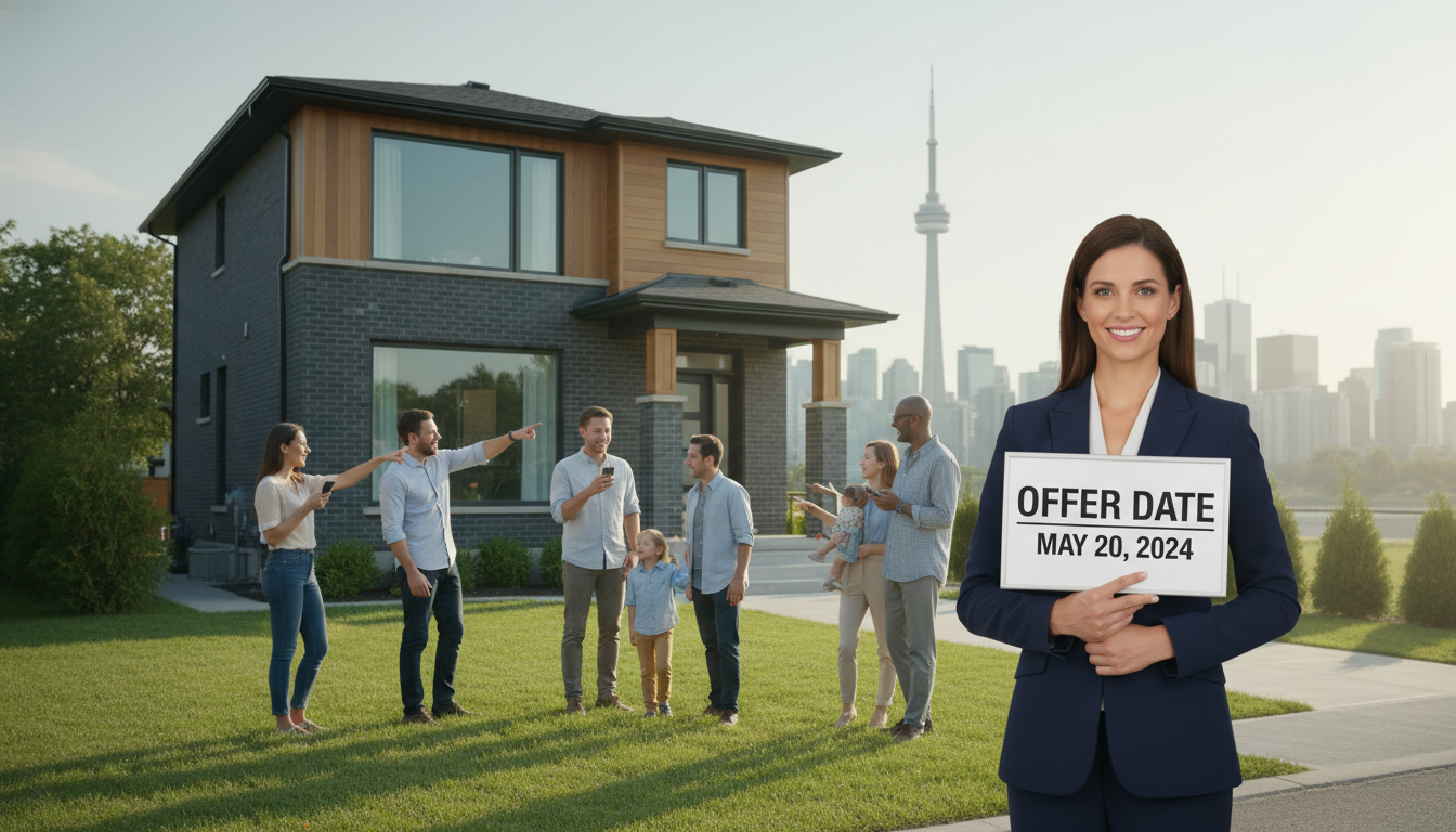 Realtor holding 'OFFER DATE' sign in front of a house with multiple buyers waiting to submit offers