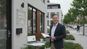 Landlord with clipboard and calculator in front of a two-unit rental property with laptop and spreadsheets